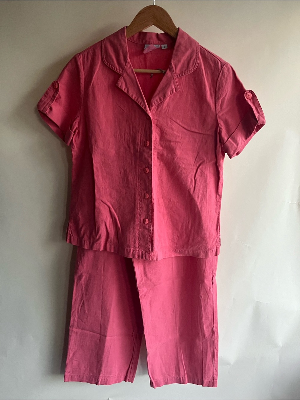 Hot Cotton Blouse Pants Set Pink Sz Sm Petite Linen Cotton EUC